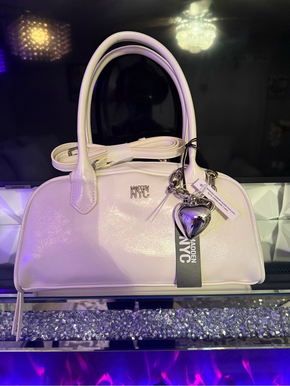 Steve Madden White Patent bowler bag with Heart Charm